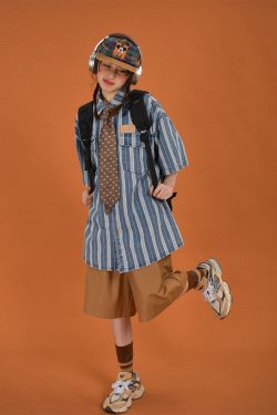Retro Washed Striped Denim Short Sleeve Top - Loose Fit Vintage Cartoon Shirt for Summer Casual Style