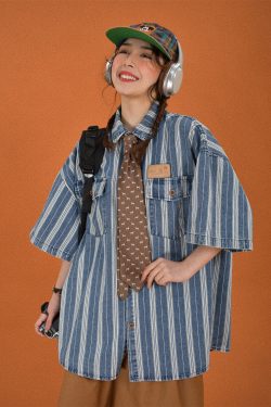 Retro Washed Striped Denim Short Sleeve Top - Vintage Loose Fit Cartoon Shirt for Summer - Y2K Style Fashion