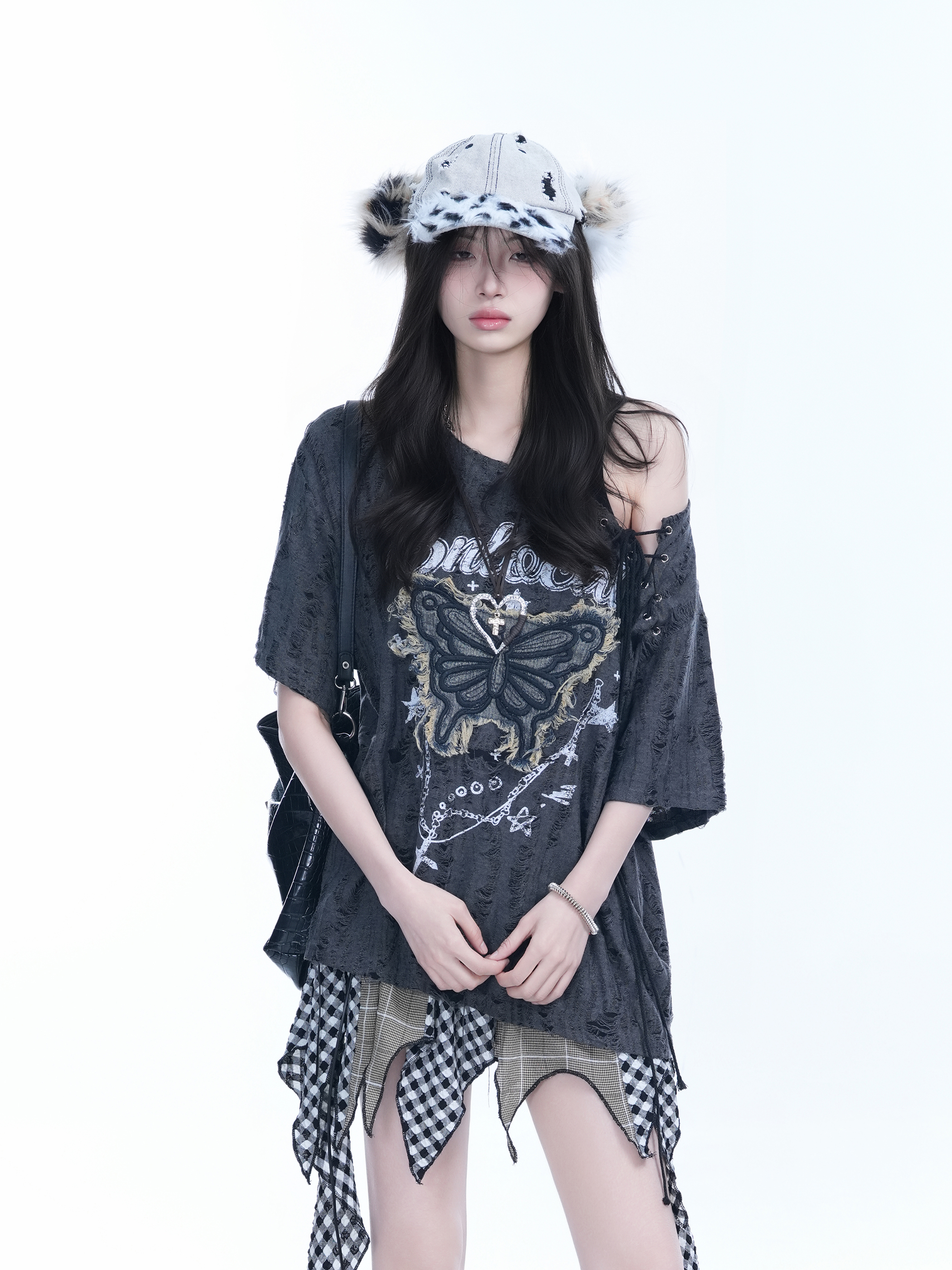 Ripped Butterfly Short Sleeve T-Shirt for Women - Off-Shoulder Spicy Girl Trendy Y2K American High Street Style