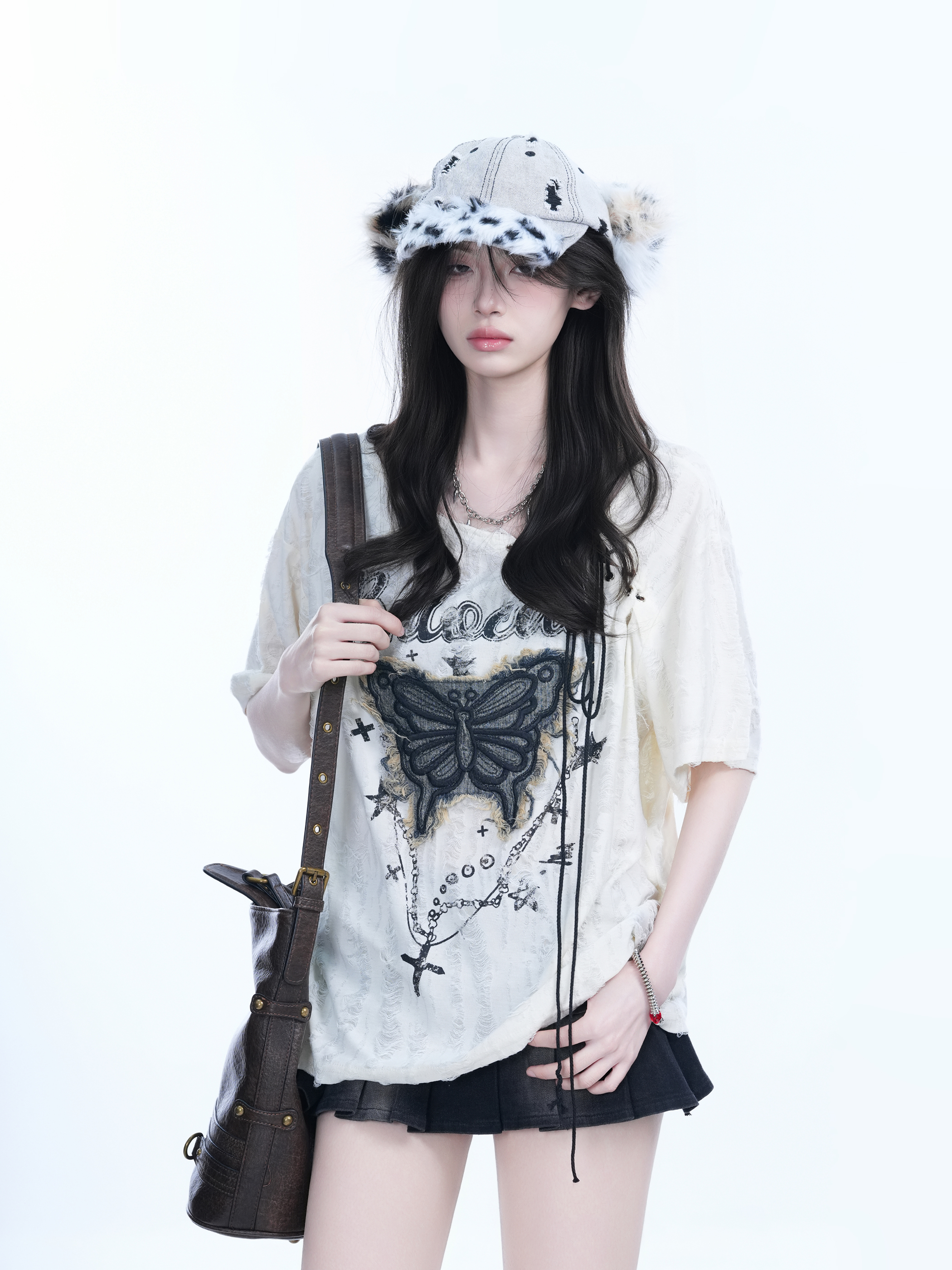 Ripped Butterfly Short Sleeve T-Shirt for Women - Off-Shoulder Spicy Girl Trendy Y2K American High Street Style