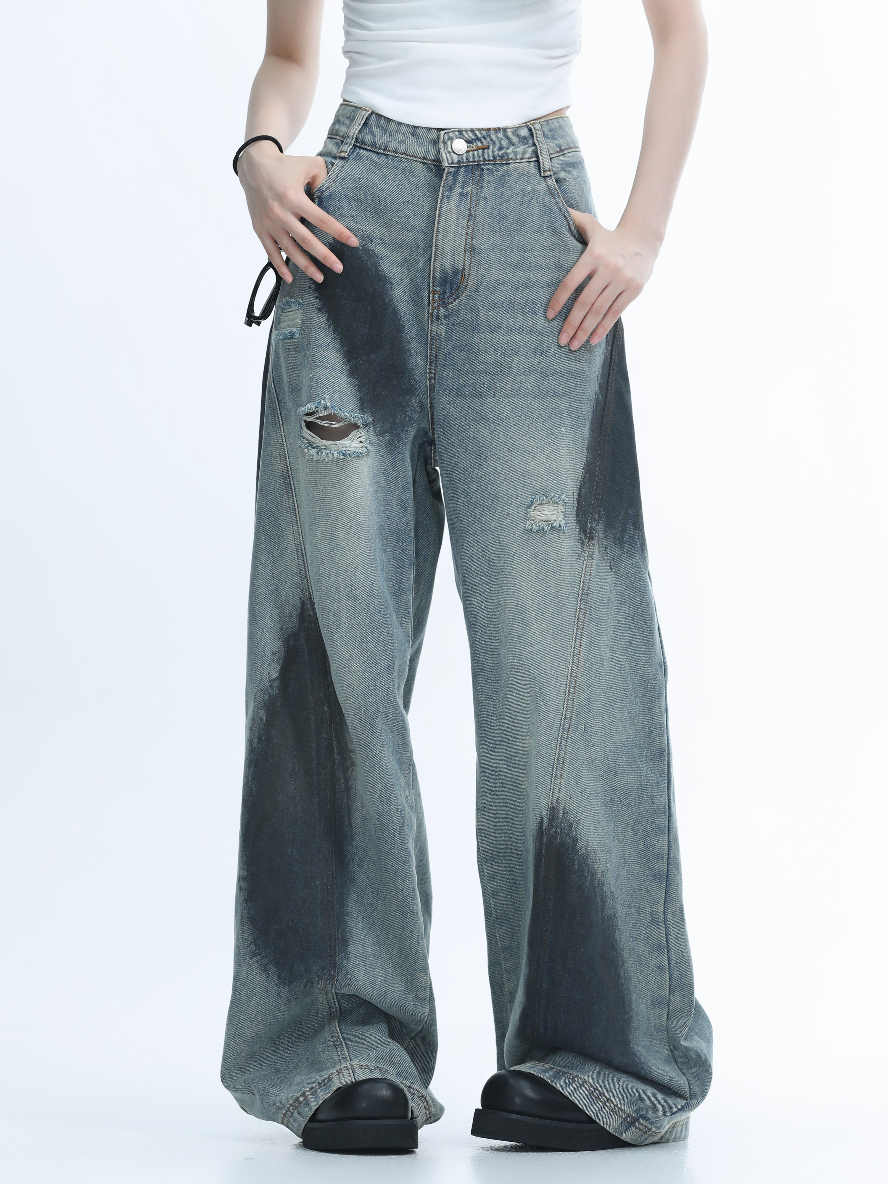 Ripped Graffiti Wide-Leg Jeans for Women - American High Street Straight Loose Floor-Length Pants