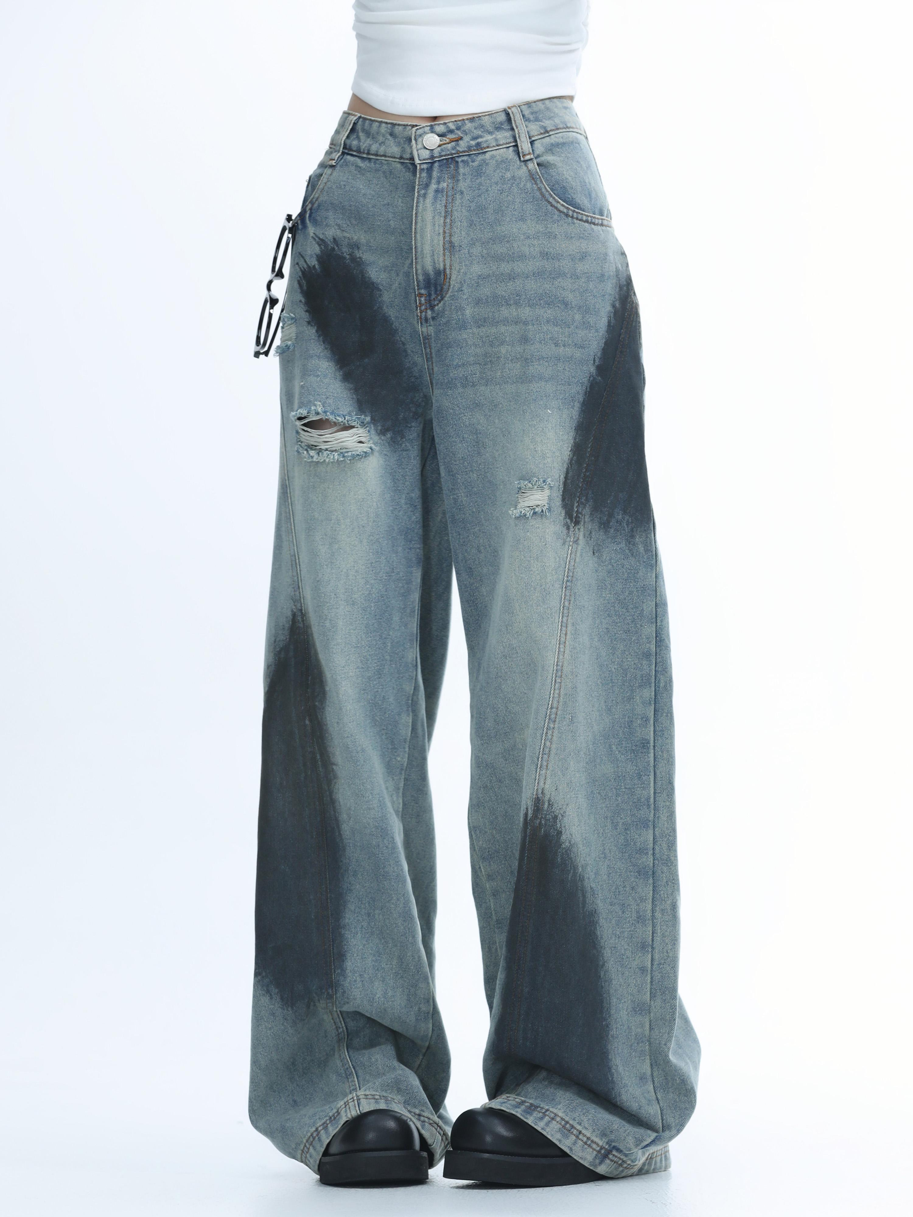 Ripped Graffiti Wide-Leg Jeans for Women - American High Street Straight Loose Floor-Length Pants