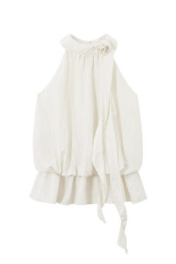 Romantic Floral Layered Halter Top with Ribbon Waist-Cinching - Sweet 3D Design Summer Blouse for Women