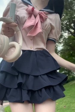 Sailor Suit Set with Pudding Bear Design, Summer JK Uniform Cake Skirt, Short Sleeve, College Style, Waist-Defining Slim Fit