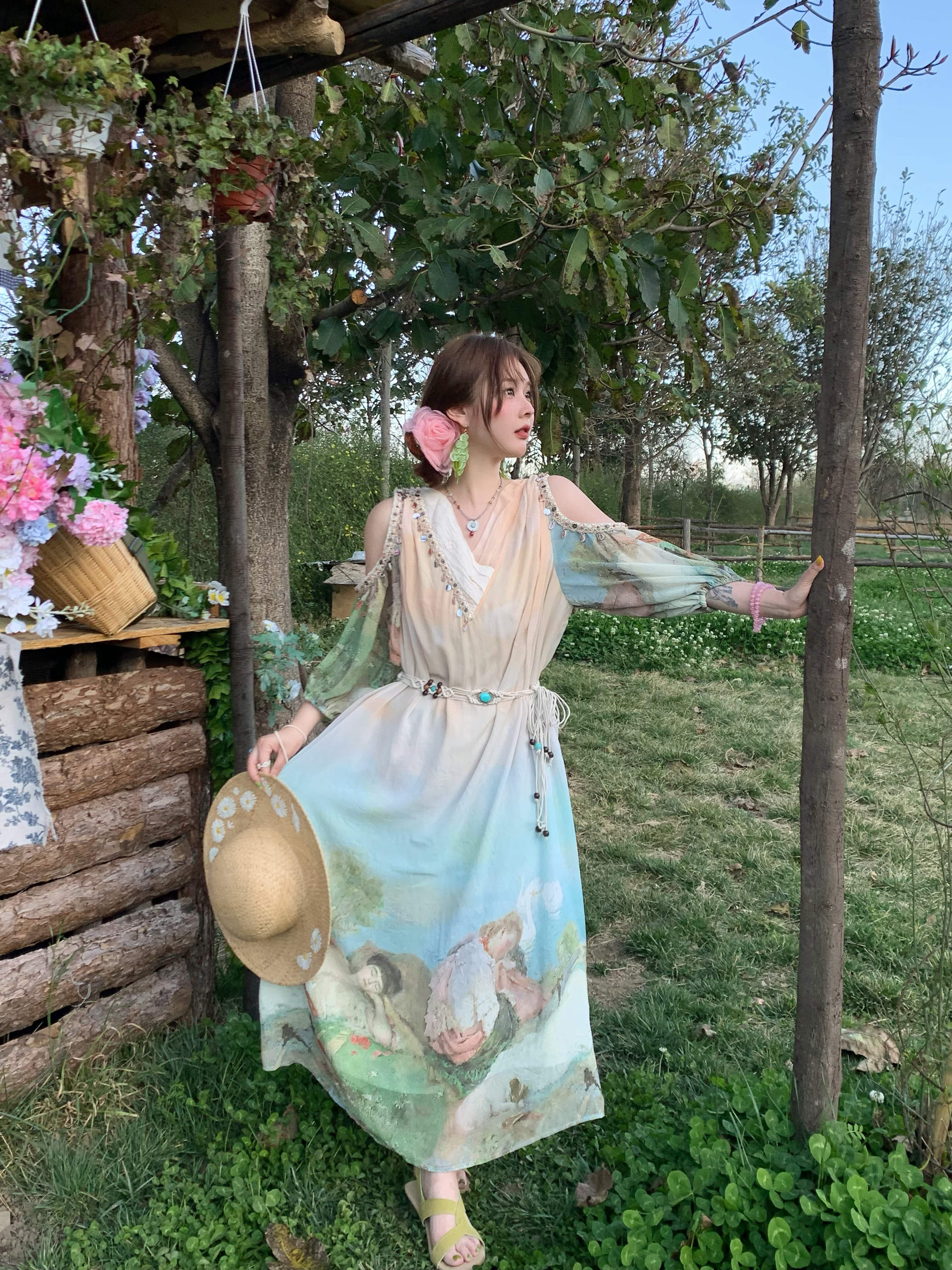 Sea Orange Sanctuary Tie-Dye Beaded Off-Shoulder Maxi Dress - Women's Bohemian Spring Style, Vintage-Inspired, Perfect for 90s Y2K Looks