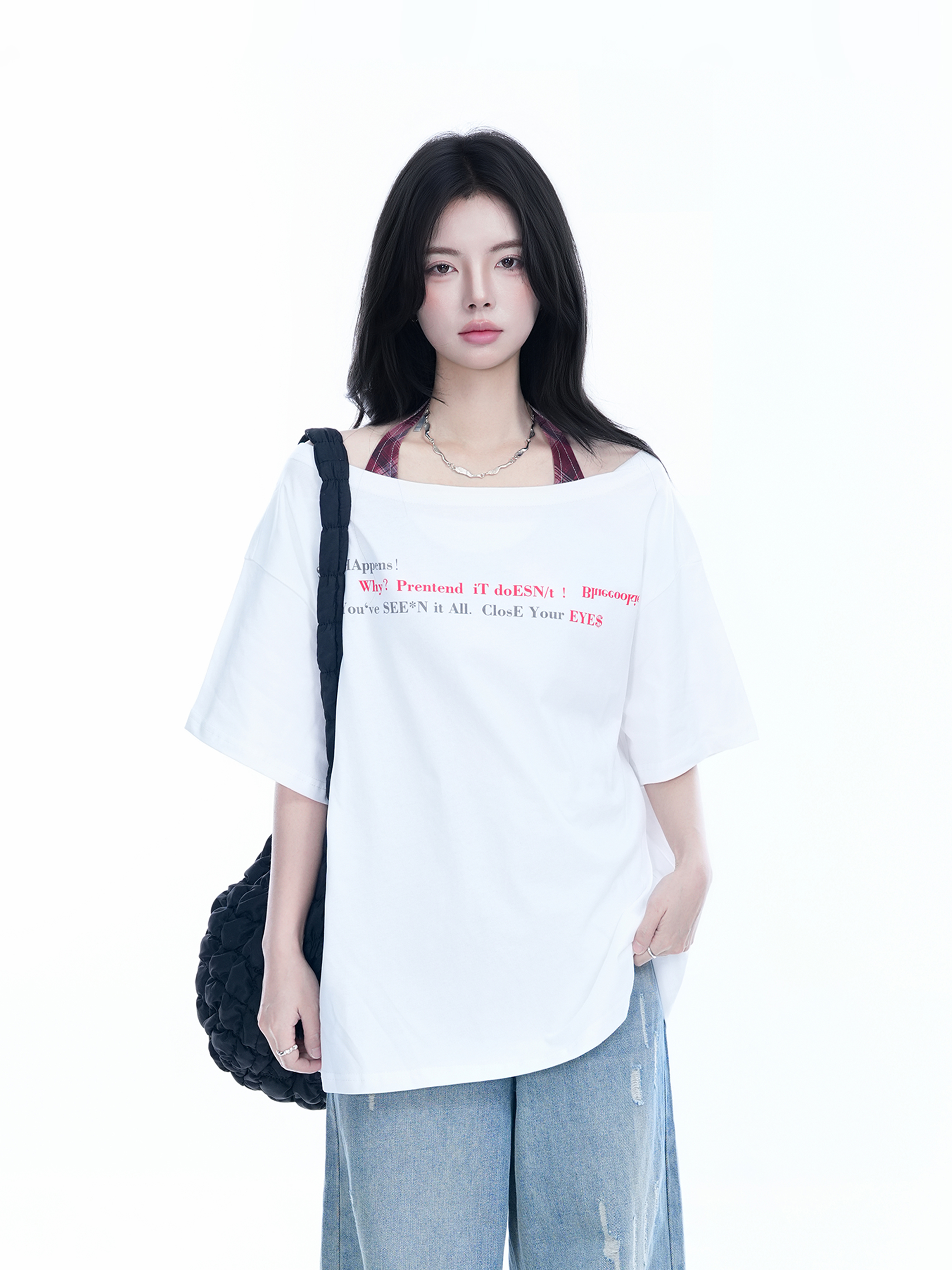 Sexy Halter Top and White Off-Shoulder Short Sleeve T-Shirt Two-Piece Set for Women - Trendy Loose Half-Sleeve Style
