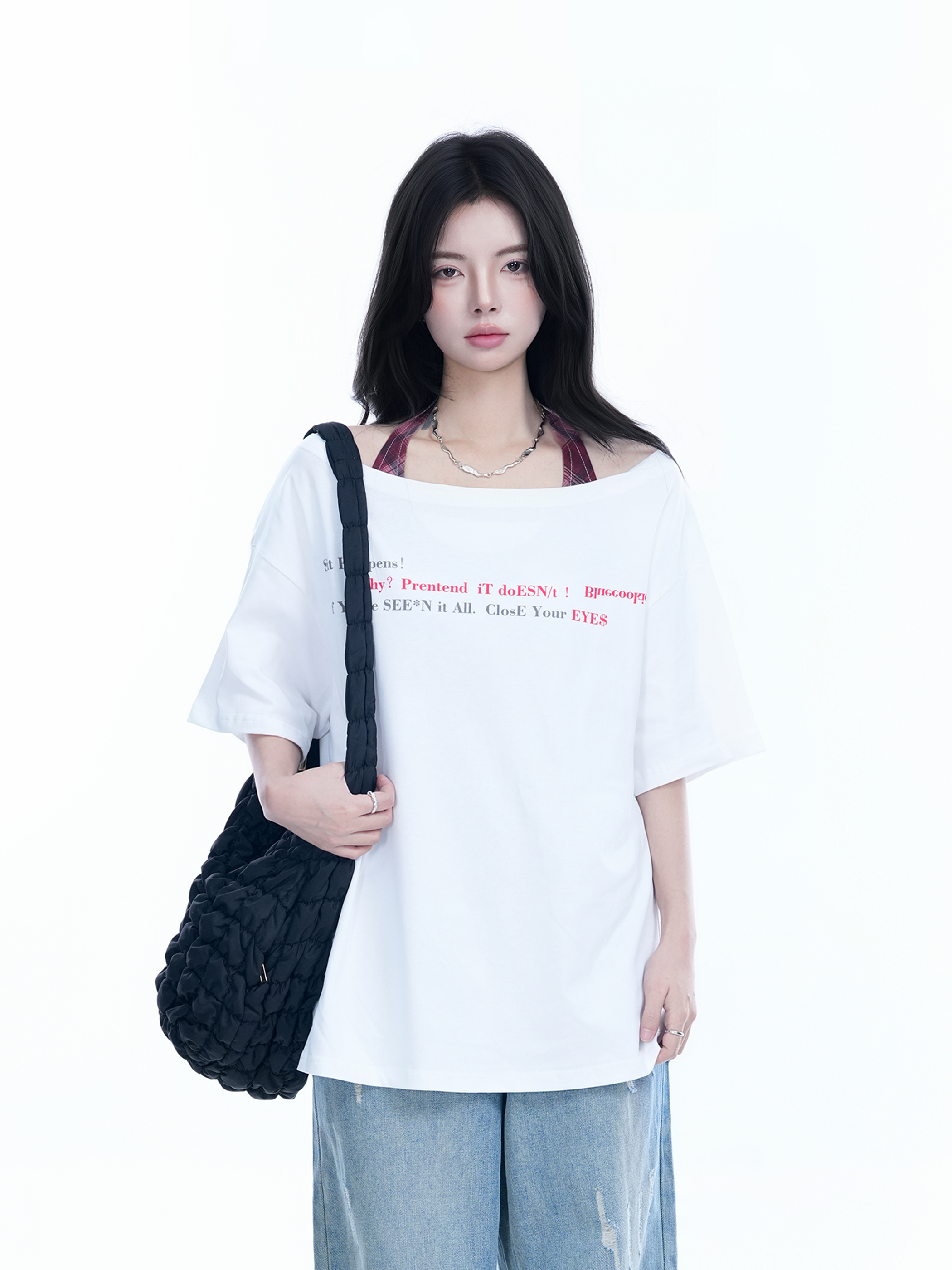 Sexy Halter Top and White Off-Shoulder Short Sleeve T-Shirt Two-Piece Set for Women - Trendy Loose Half-Sleeve Style