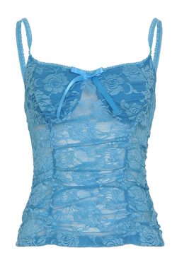 Sexy Lace Vest Top with Bow Tie and Rose Pattern - Women's Inner Chest Top in Blue - Y2K Fashion