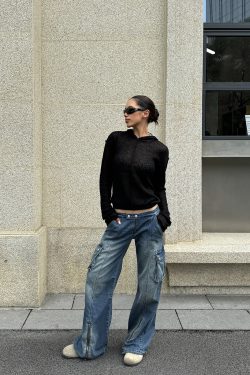 Sexy Ultra-Low Waist Vintage Street Cargo Denim Pants in Deep Blue - Heavy-Duty 90s Inspired Workwear Trousers