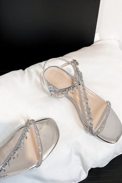 Silver Rhinestone Sheepskin Sandals for Women - Chunky Heel, Square Toe, One Strap Transparent Crystal - Summer Fashion Footwear
