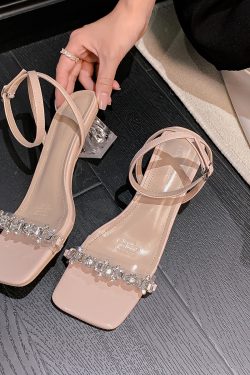 Silver Rhinestone Sheepskin Sandals for Women - Summer One-Strap Chunky Heel Transparent Crystal High Heels