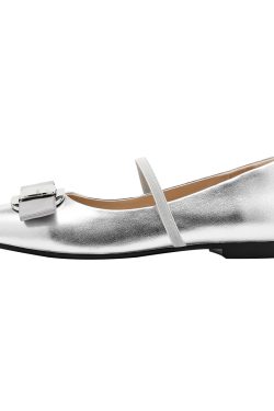 Silver Sheepskin Square-Toed Ballet Flats for Women with Metal Buckle and Bow - French Retro Mary Jane Style