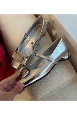 Silver Sheepskin Square-Toed Ballet Flats for Women with Metal Buckle and Bow - French Retro Mary Jane Style