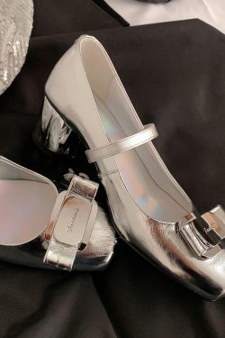 Silver Sheepskin Square-Toed Ballet Flats for Women with Metal Buckle and Bow - French Retro Mary Jane Style