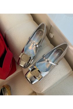 Silver Sheepskin Square-Toed Ballet Flats for Women with Metal Buckle and Bow - French Retro Mary Jane Style