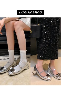 Silver Sheepskin Square-Toed Ballet Flats for Women with Metal Buckle and Bow - French Retro Mary Jane Style