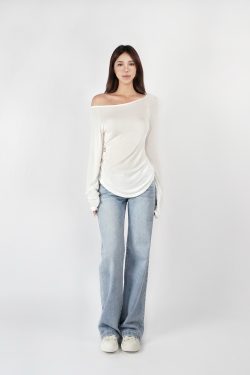 Slightly Sheer Off-Shoulder Long Sleeve Top - Relaxed Fit, Casual Chic Style, Perfect for Y2K and Korean Fashion Trends