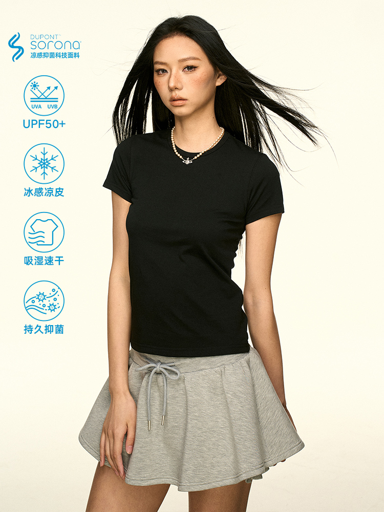 Solid Color Sorona Cool Feeling Short Sleeve T-Shirt for Women - Summer Minimalist Basic Fitted Slim Top
