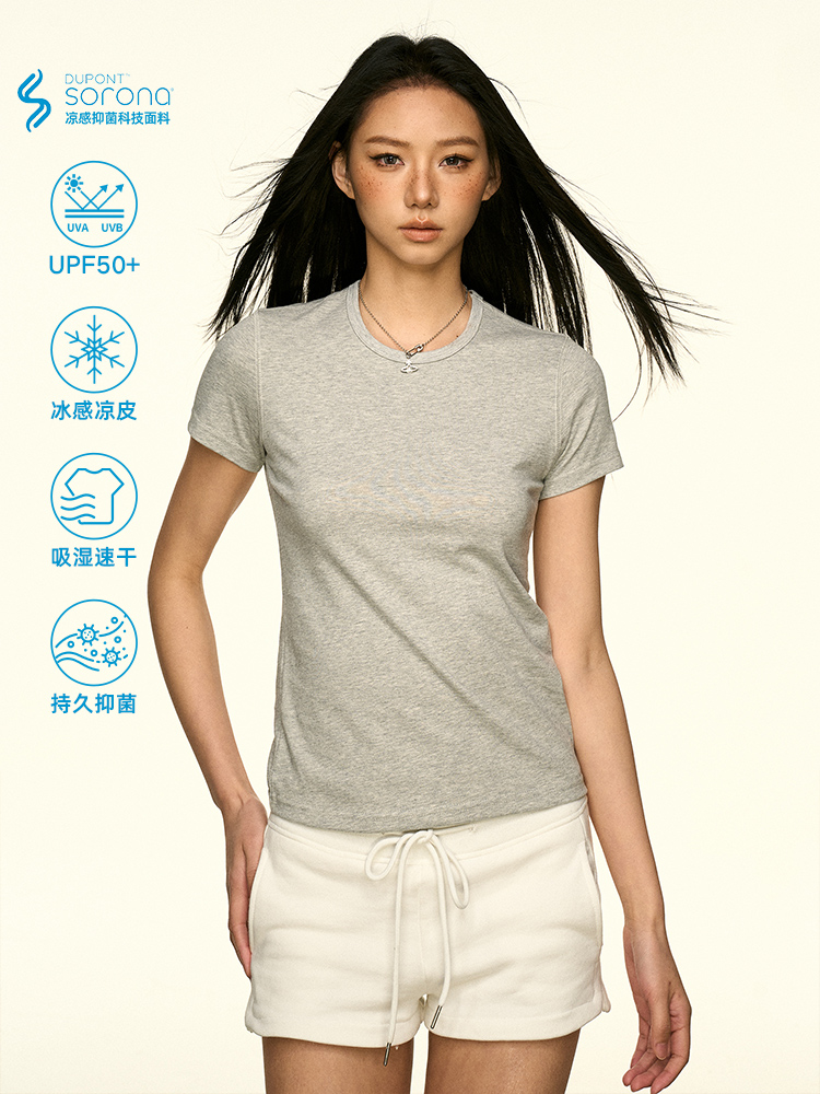 Solid Color Sorona Cool Feeling Short Sleeve T-Shirt for Women - Summer Minimalist Basic Fitted Slim Top