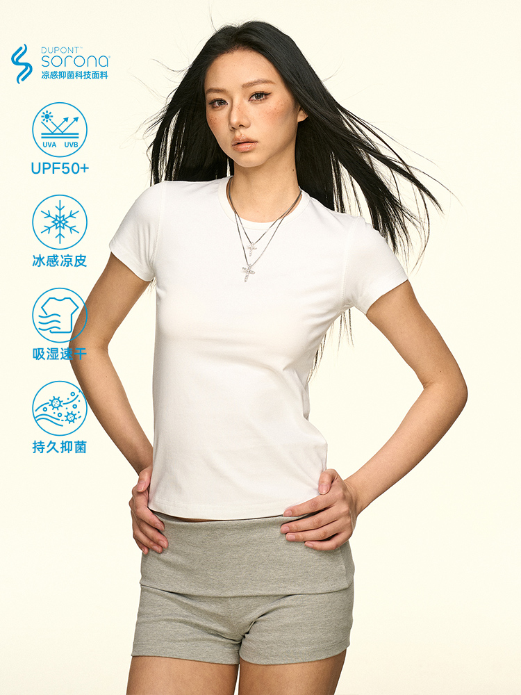 Solid Color Sorona Cool Feeling Short Sleeve T-Shirt for Women - Summer Minimalist Basic Fitted Slim Top