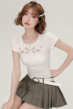 Spicy Girl Butterfly Knot Hollow Short-Sleeve T-Shirt for Women - Summer Lace Embroidery Slim Fit Top, Y2K Fashion