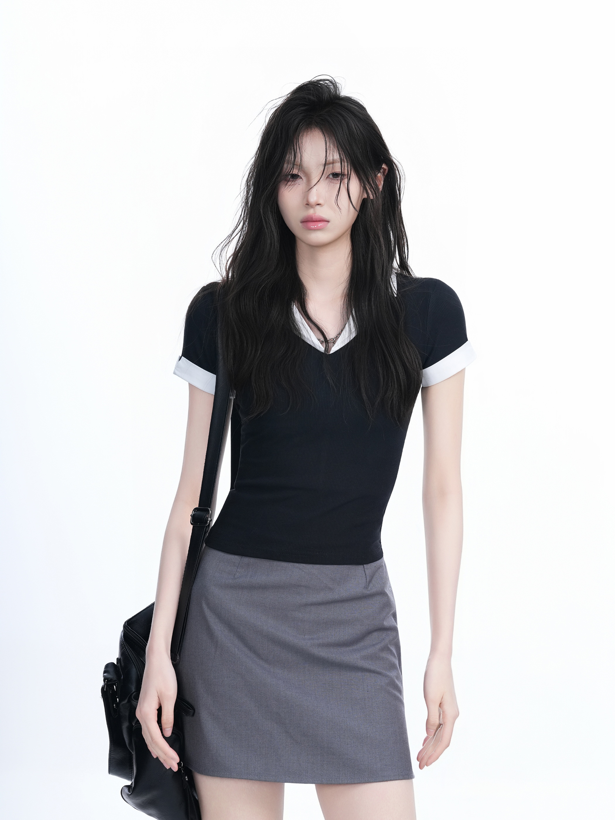 Spicy Girl College Style Fake Two-Piece Lapel Short Sleeve T-Shirt for Women - Fitted Shoulder Top, Trendy Y2K Fashion