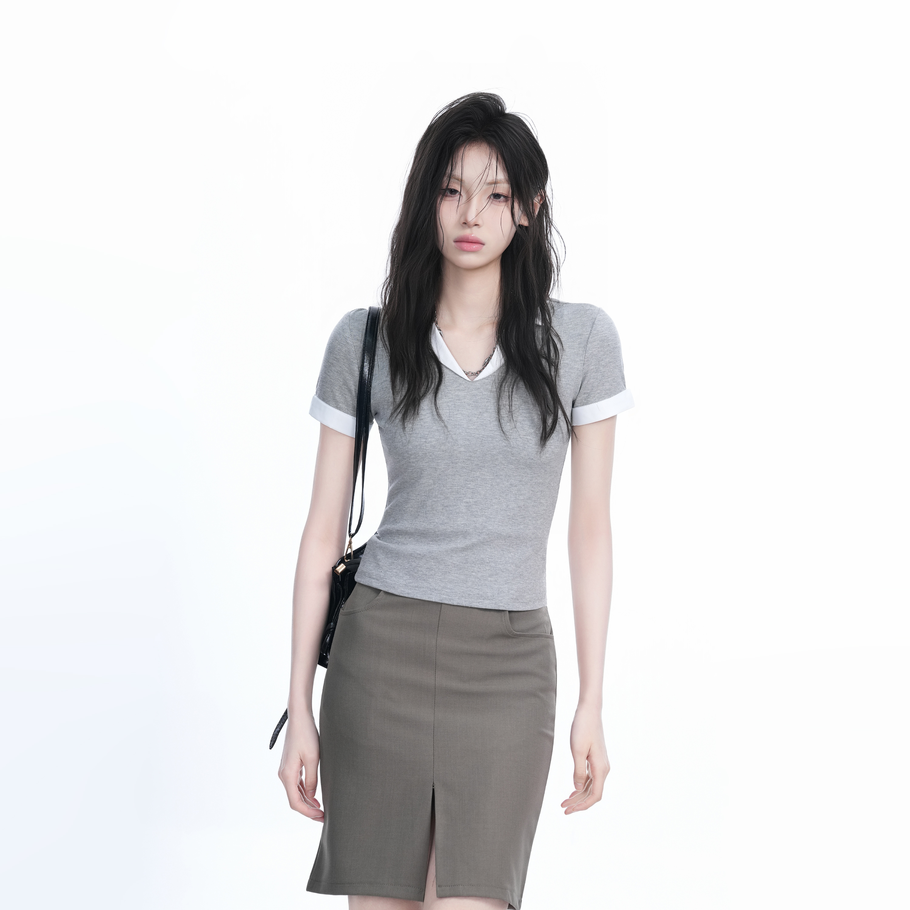Spicy Girl College Style Fake Two-Piece Lapel Short Sleeve T-Shirt for Women - Fitted Shoulder Top, Trendy Y2K Fashion