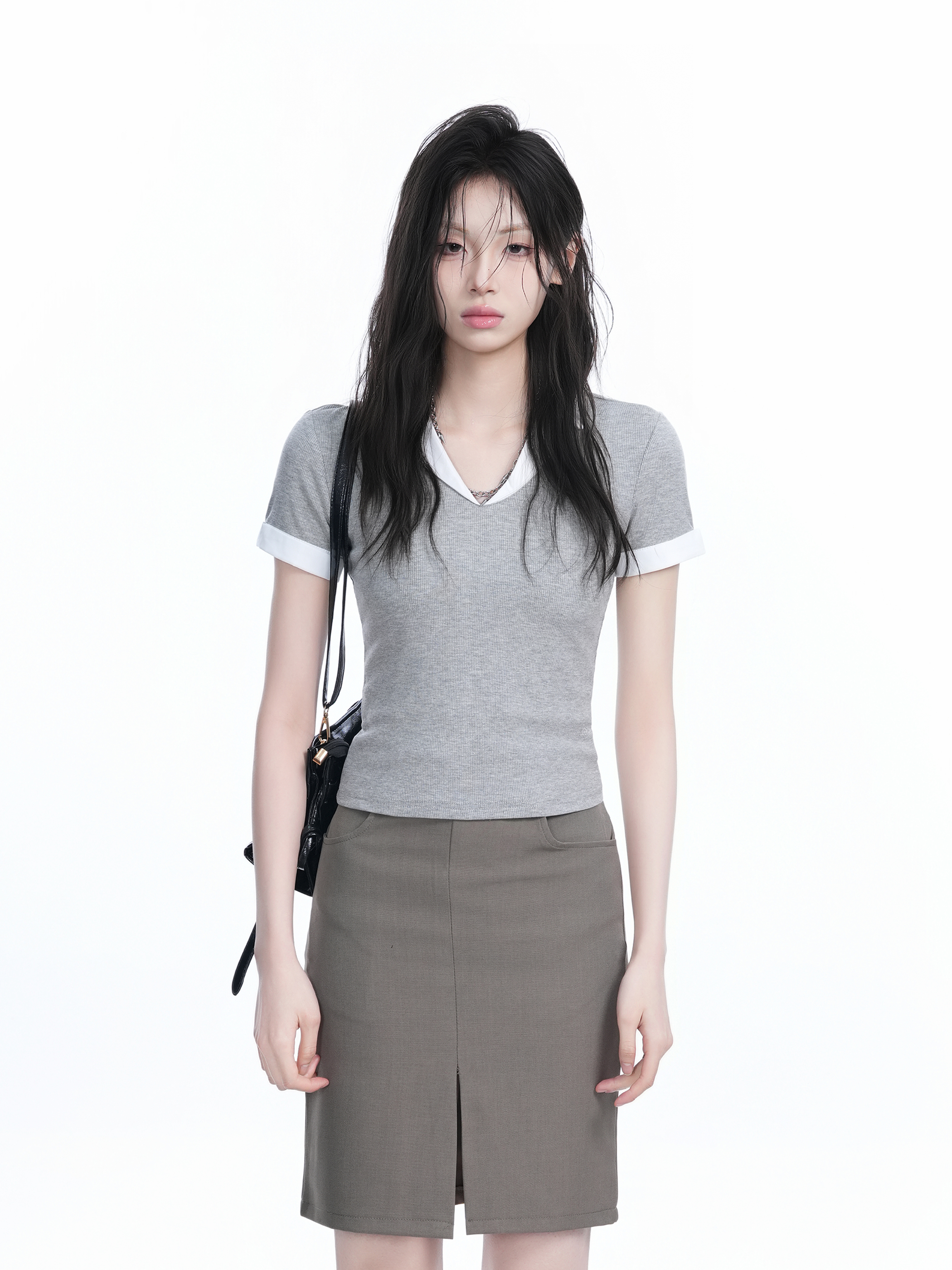 Spicy Girl College Style Fake Two-Piece Lapel Short Sleeve T-Shirt for Women - Fitted Shoulder Top, Trendy Y2K Fashion