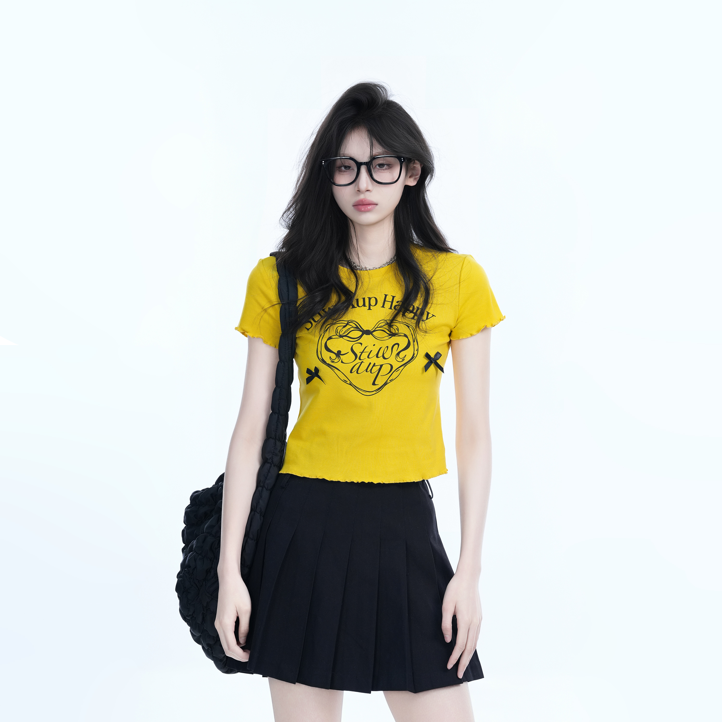 Spicy Girl Heart Bow Short Sleeve T-Shirt - American Style Slim Fit Top with Mountain Print - Y2K Fashion