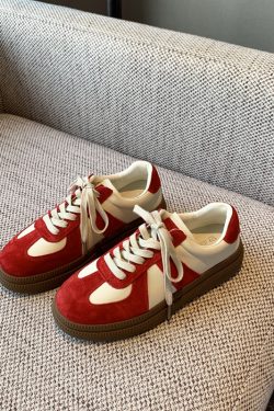 Spring 2025 Casual Sports Sneakers - Color-Blocking Genuine Leather Lace-Up Thick-Soled Retro Training Shoes for Students