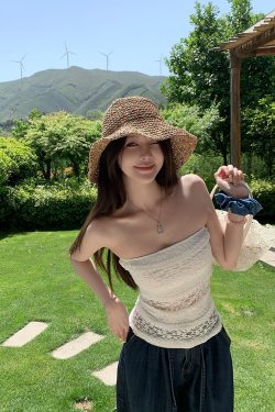 Strapless Summer White Lace Hollow Jacquard Top – Y2K Inspired French Style Outerwear with Gardenia Design