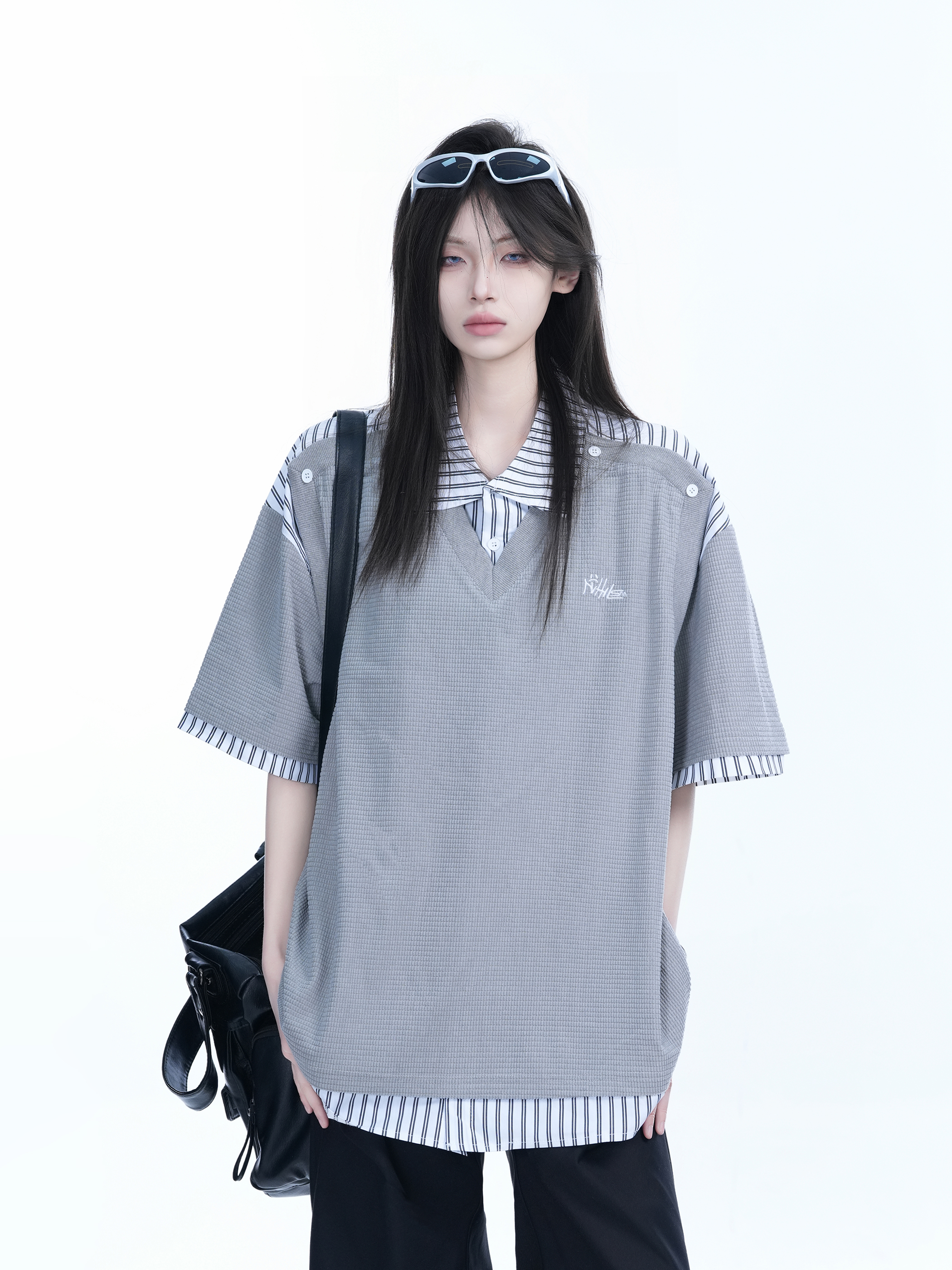 Striped Henry Collar Short Sleeve T-Shirt for Women - Unique Fake Two-Piece Design, Loose Fit, Trendy Casual Style