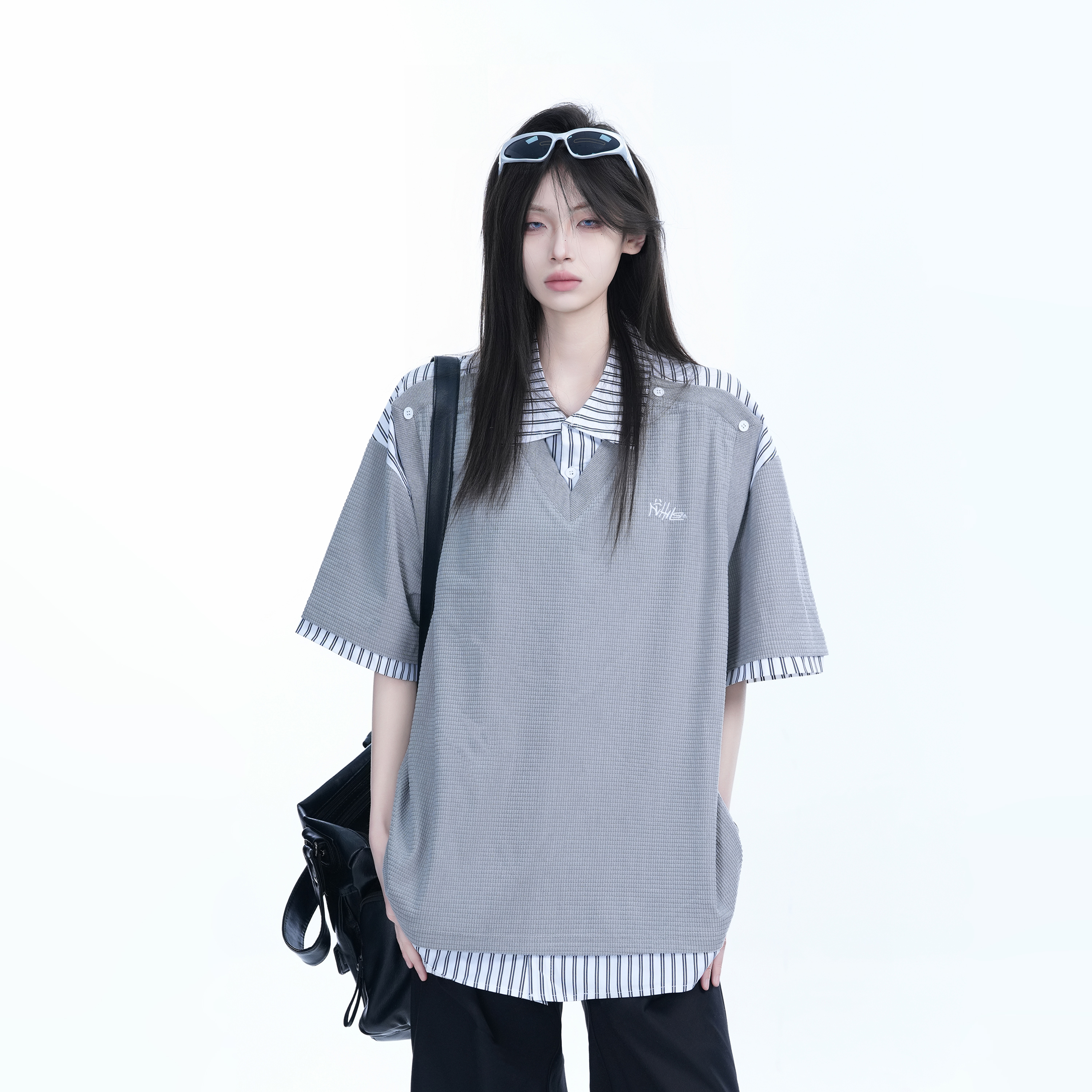 Striped Henry Collar Short Sleeve T-Shirt for Women - Unique Fake Two-Piece Design, Loose Fit, Trendy Casual Style