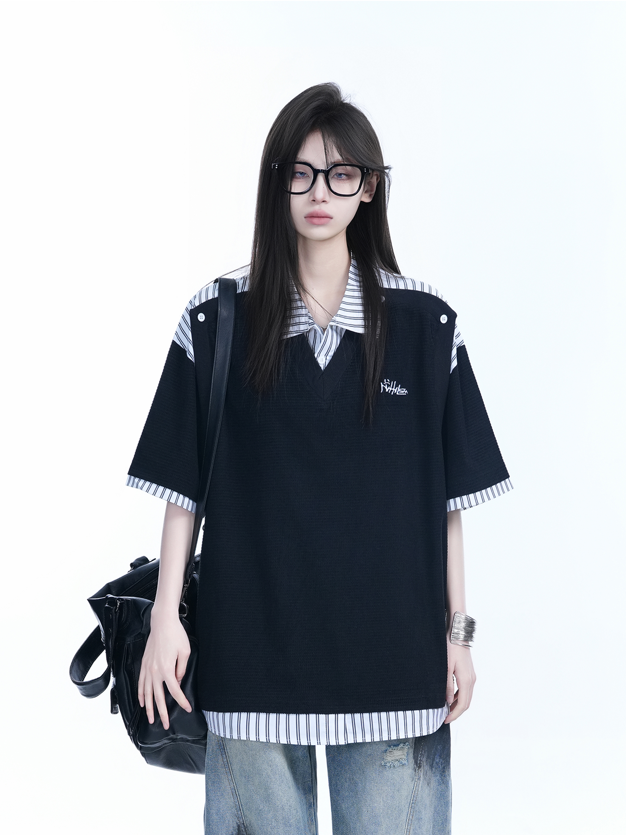 Striped Henry Collar Short Sleeve T-Shirt for Women - Unique Fake Two-Piece Design, Loose Fit, Trendy Casual Style