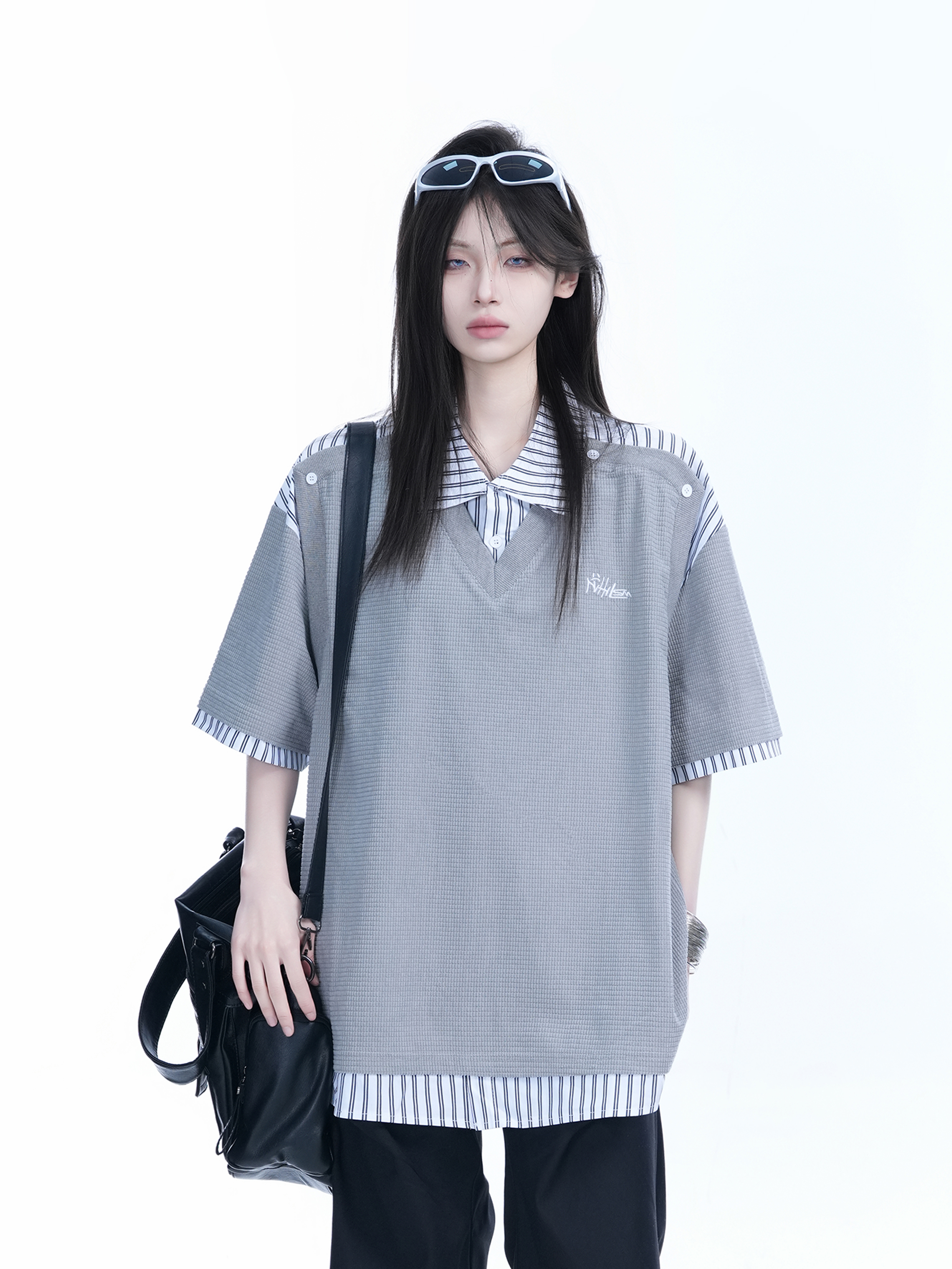 Striped Henry Collar Short Sleeve T-Shirt for Women - Unique Fake Two-Piece Design, Loose Fit, Trendy Casual Style