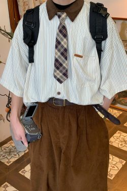 Striped Tie Casual Short Sleeve Shirt for Men and Women, Japanese Style Loose Versatile Top, Trendy Vintage-Inspired Fashion