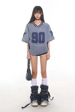 Summer 2025 American Vintage Denim Loose T-Shirt with Letter Embroidery for Women - Trendy Street Style Fashion