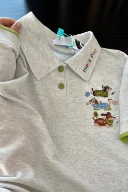Summer 2025 Women’s Color-Blocking Polo Collar Short Sleeve T-Shirt with Embroidered Puppy - Cute Cartoon Shoulder-Reducing Style