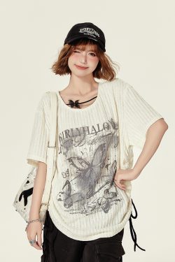 Summer Butterfly Print U-Neck Short Sleeve T-Shirt for Women - Spicy Girl American Style Loose Slimming Top