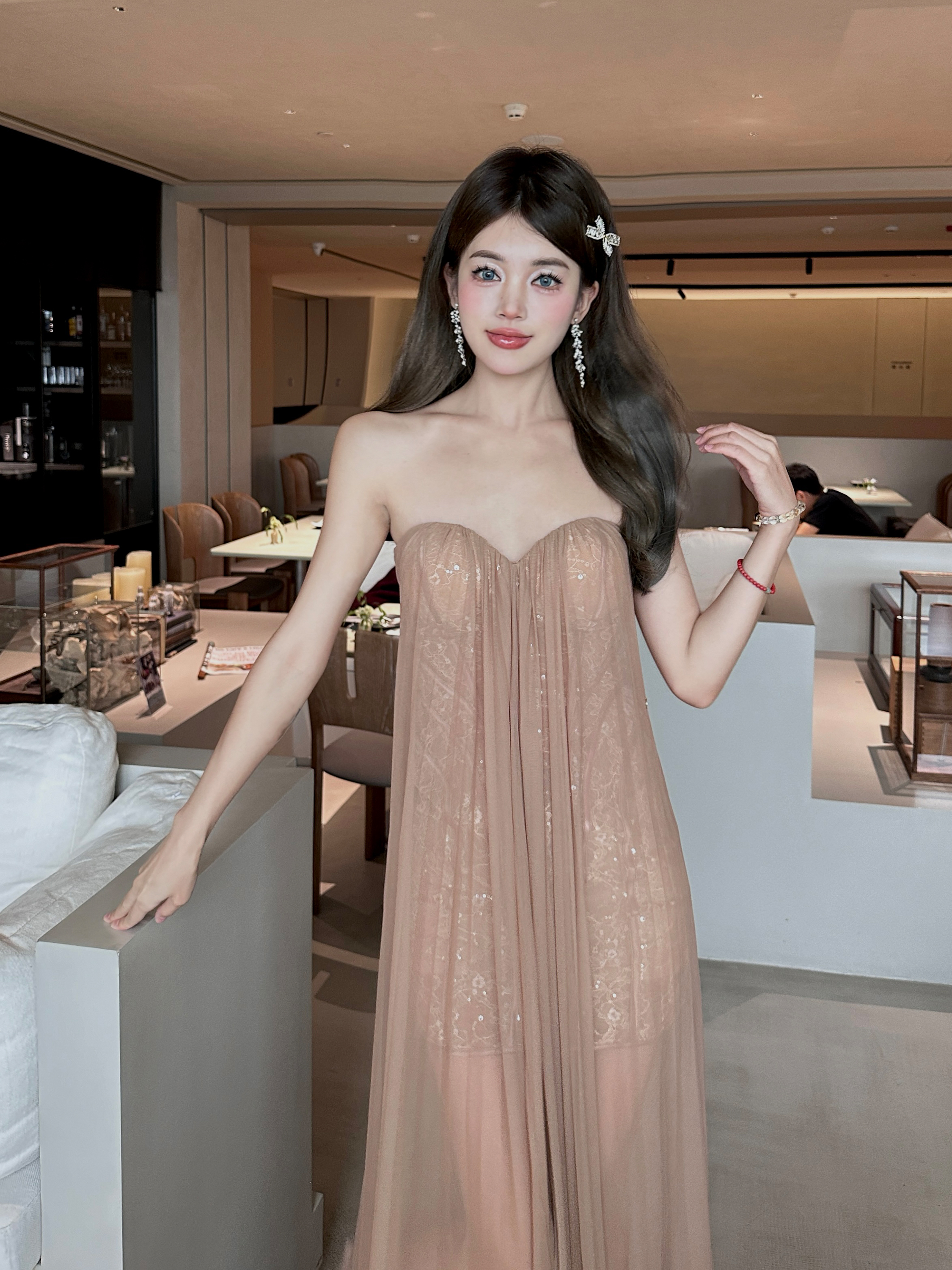 Summer Dazzling Strapless Mesh Dress for Women - Sexy Backless High-End Long Dress in 90s Style