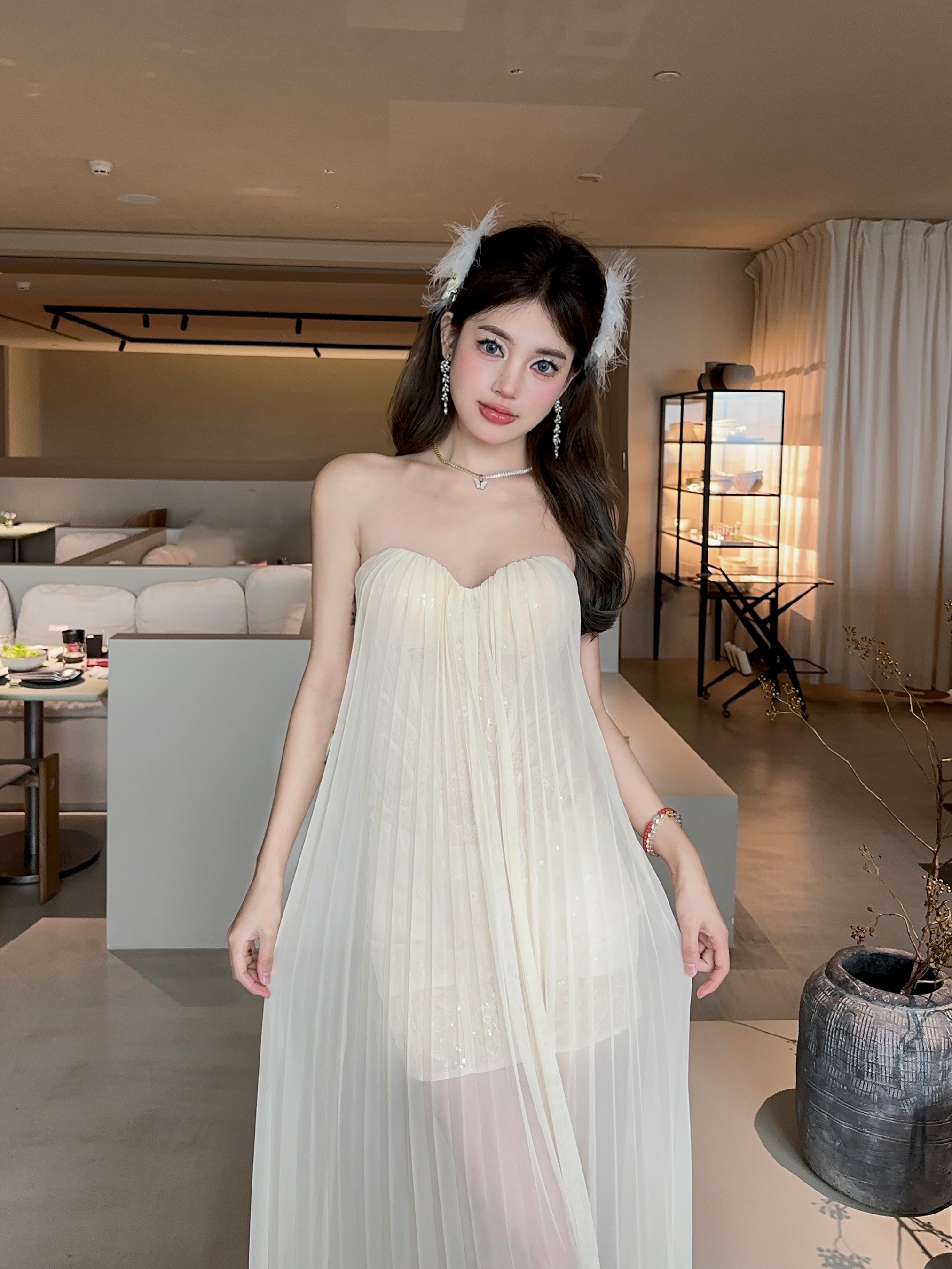 Summer Dazzling Strapless Mesh Dress for Women - Sexy Backless High-End Long Dress in 90s Style