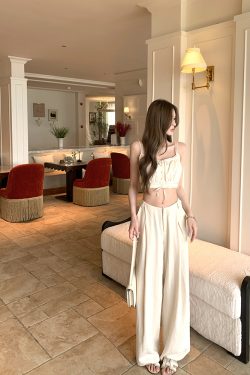 Summer Linen Wide-Leg Pants for Women - Elegant Draped Loose Beige Casual Trousers for Holiday Style