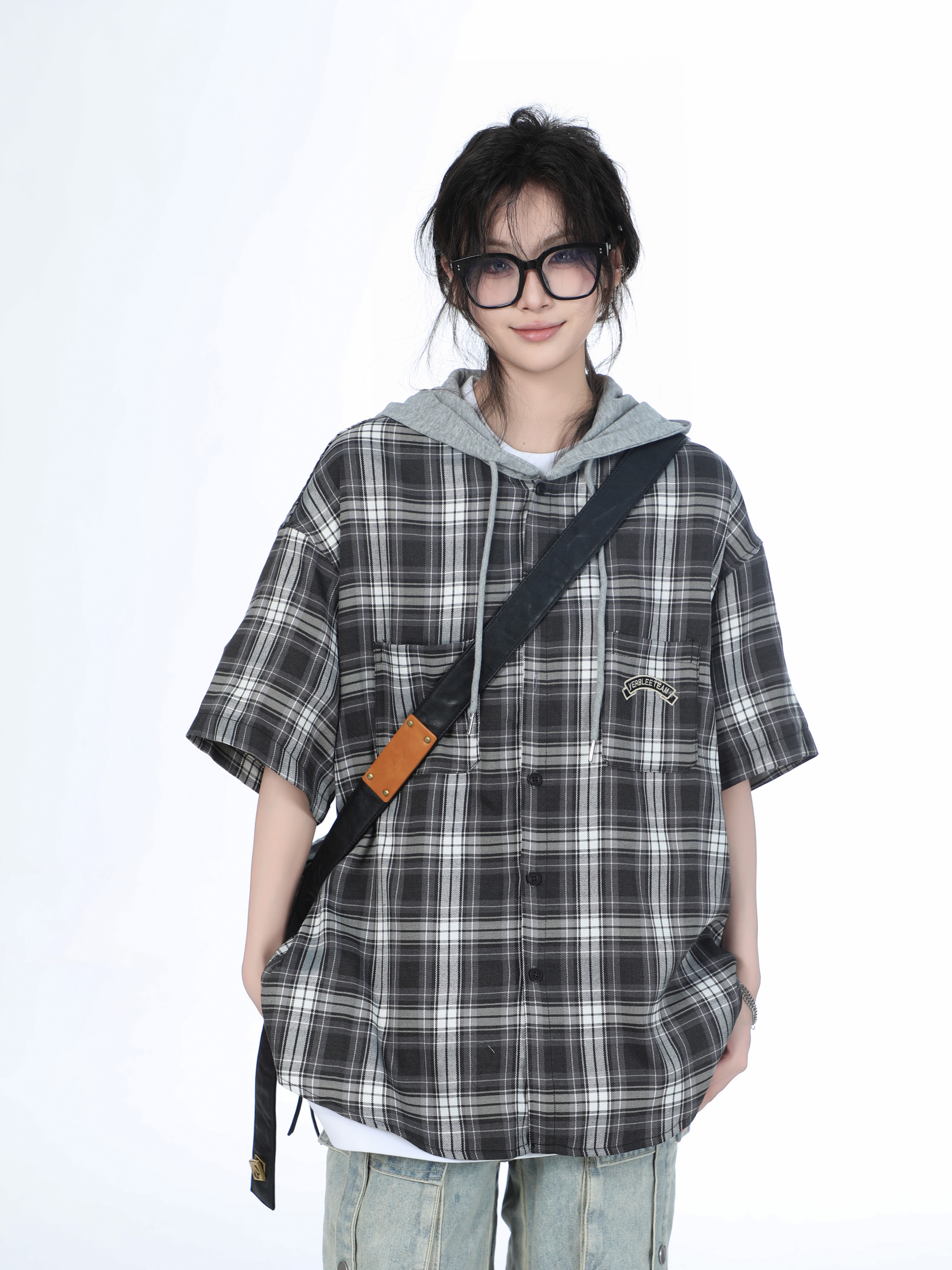 Summer Loose Plaid Hooded Short-Sleeve Shirt for Women - Casual Chic Style