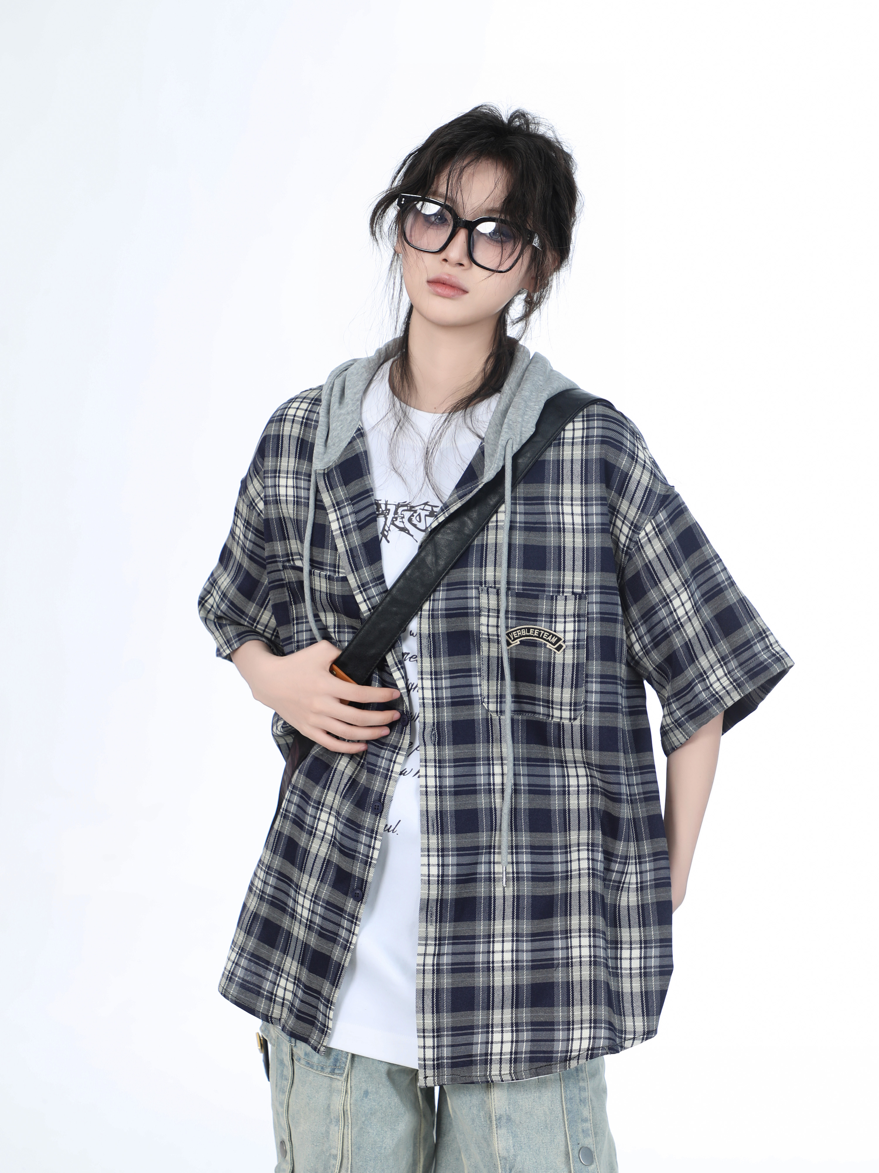 Summer Loose Plaid Hooded Short-Sleeve Shirt for Women - Casual Chic Style