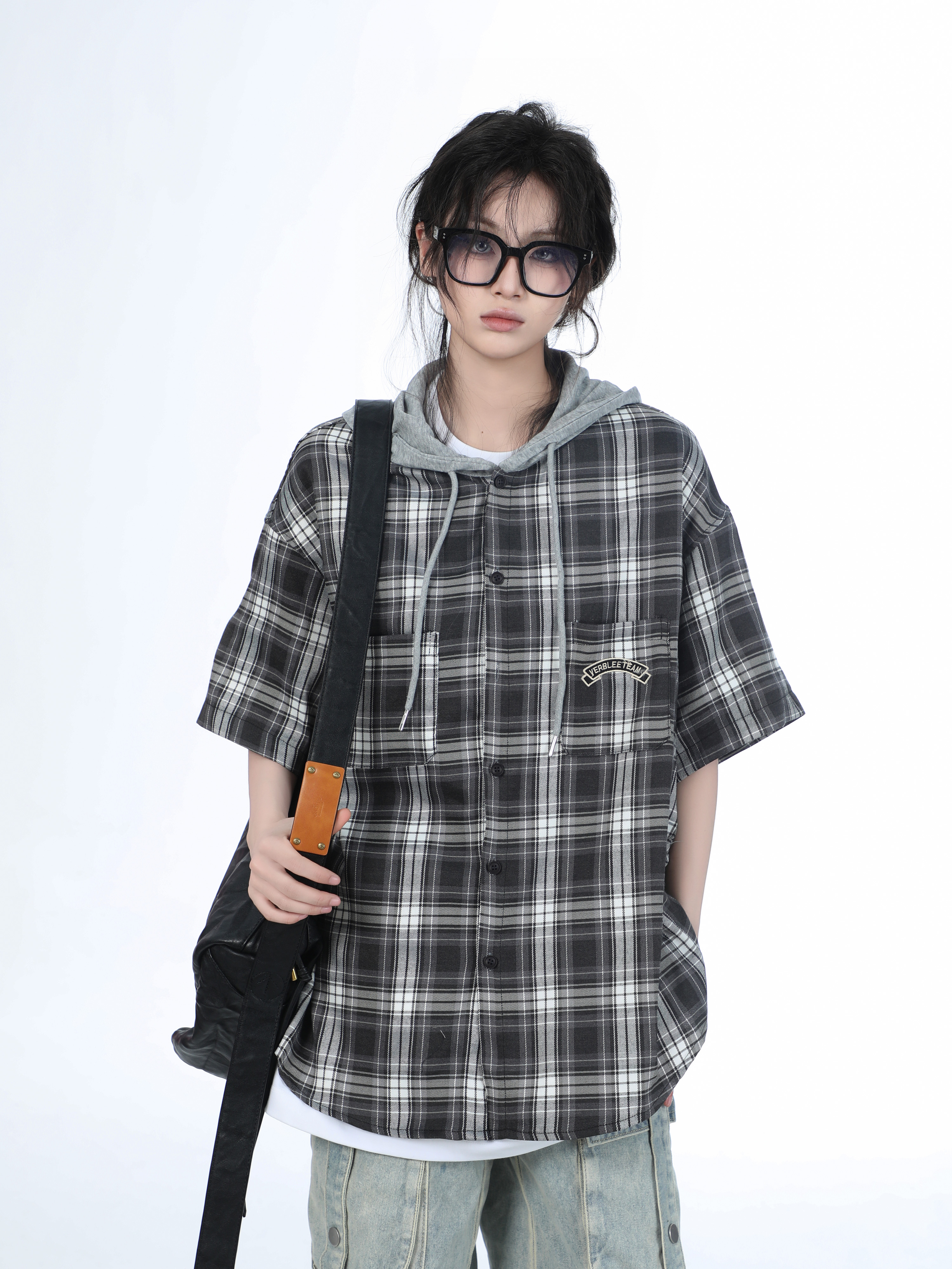Summer Loose Plaid Hooded Short-Sleeve Shirt for Women - Casual Chic Style