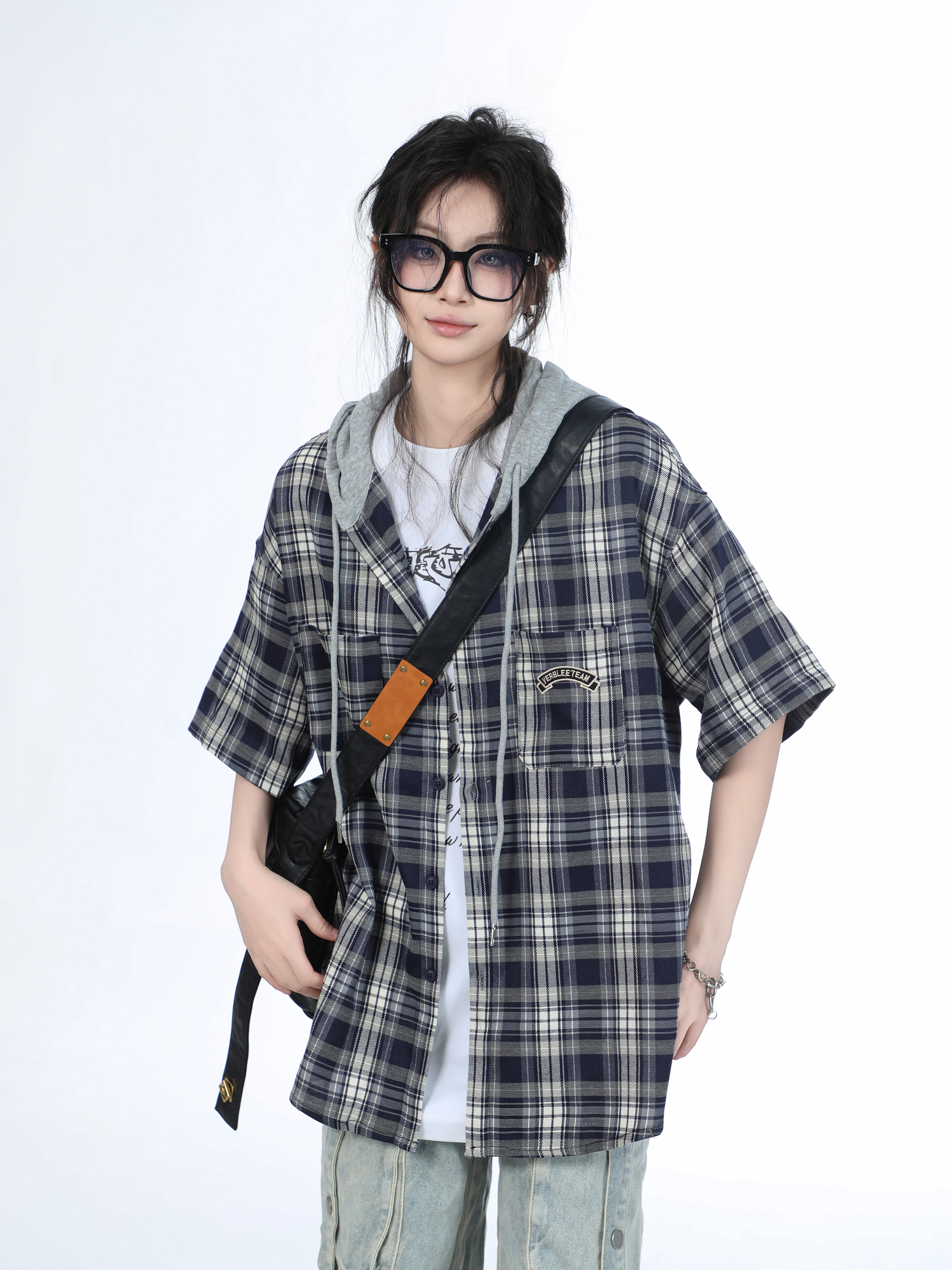 Summer Loose Plaid Hooded Short-Sleeve Shirt for Women - Casual Chic Style