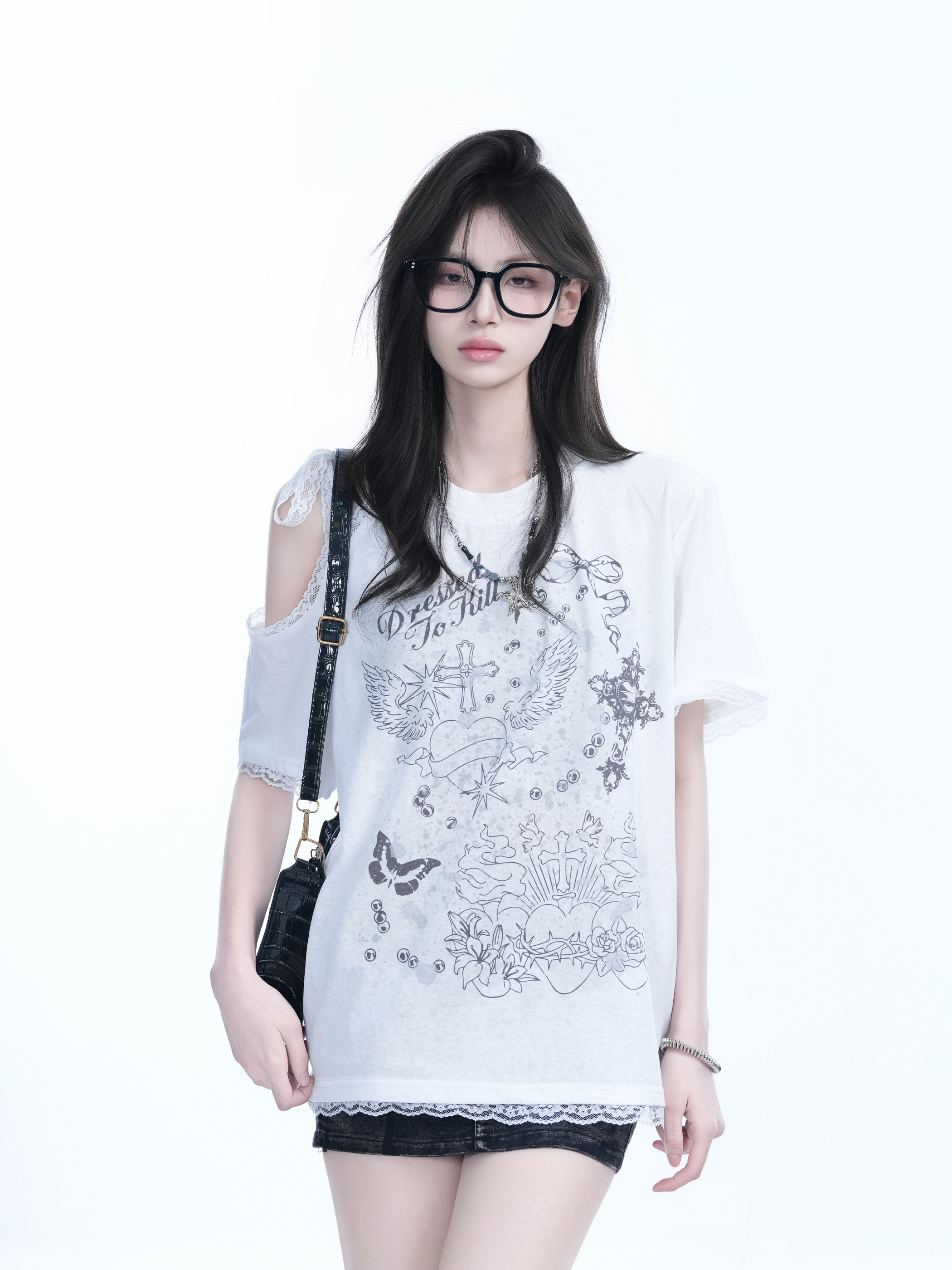 Summer Off-Shoulder Lace Spliced Short Sleeve T-Shirt for Women - Sweet Loose Fit, Trendy Ins Style, Perfect for 90s Y2K Looks