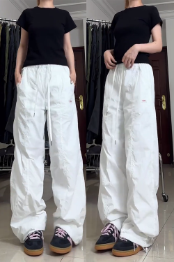 Summer White Cargo Pants for Women, Loose Fit Tapered Joggers with Drawstring, Casual Slimming American-Style Sportswear