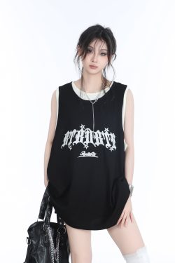 Summer Women's Loose Sports Sleeveless Top - Embroidered Fake Two-Piece Vest with 