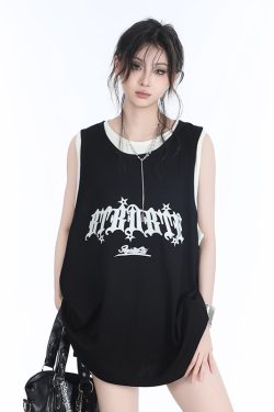 Summer Women's Loose Sports Sleeveless Top - Embroidered Fake Two-Piece Vest with 